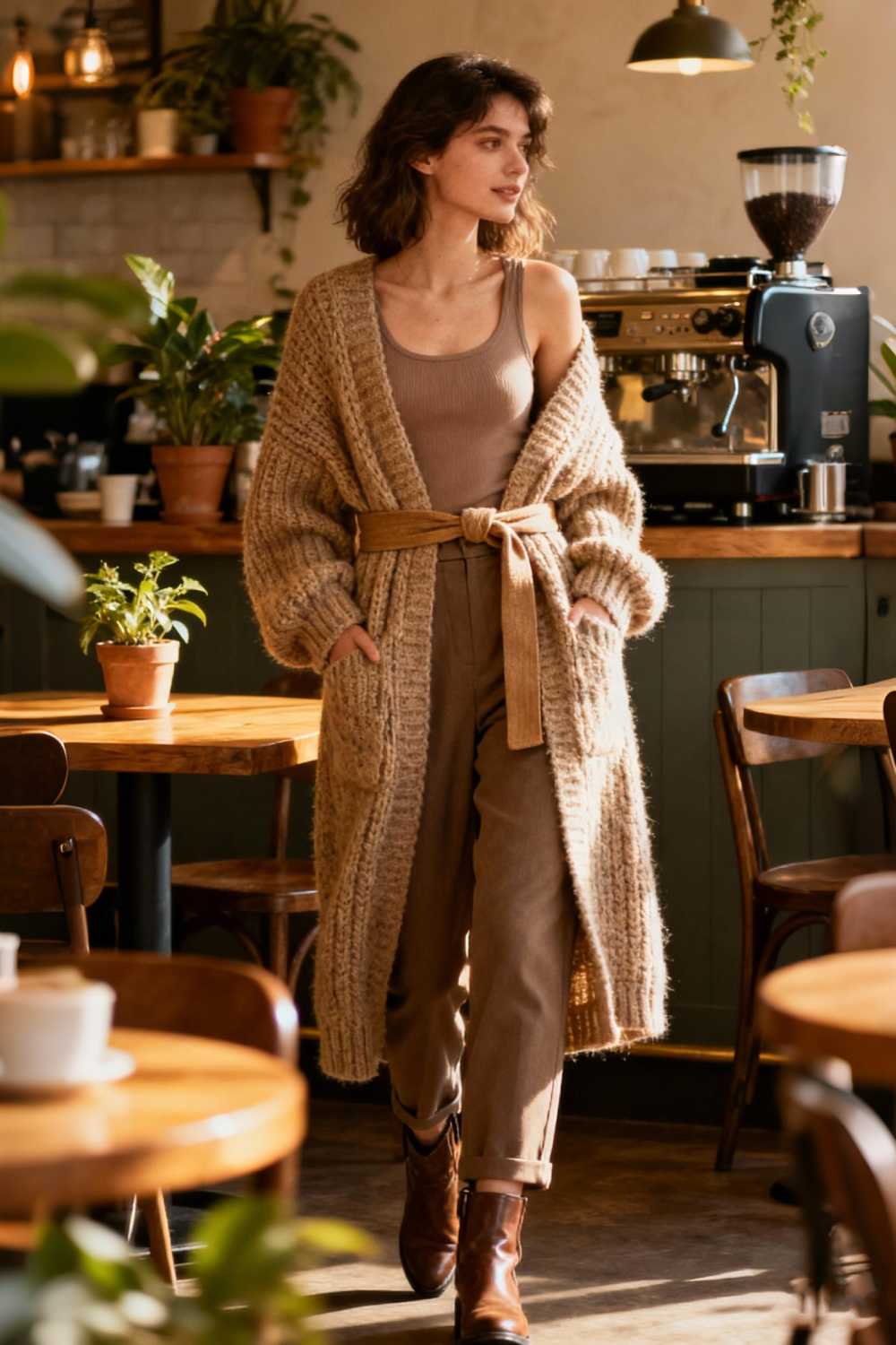 Woman in belted oversized cardigan and high-waisted pants showing cozy chic winter layering