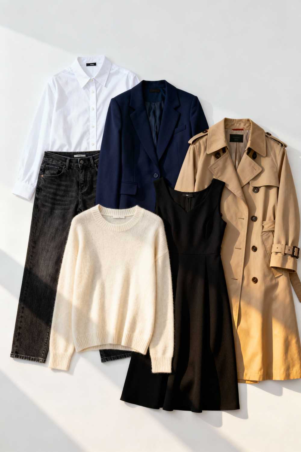 Flat lay of capsule wardrobe essentials including white shirt, blazer, jeans, and little black dress