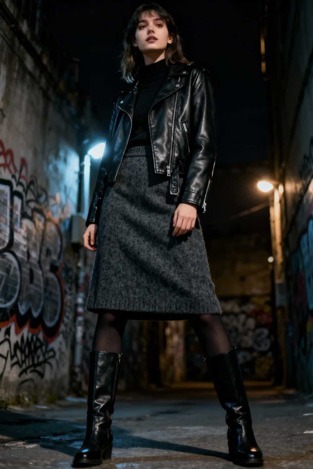 Woman in leather jacket and wool midi skirt demonstrating edgy sophisticated winter style