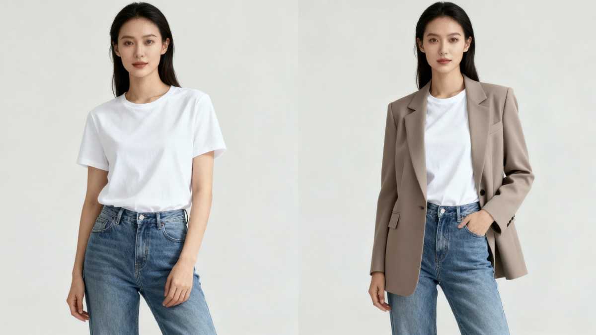 Before and after comparison showing how adding a blazer elevates a basic jeans and t-shirt outfit
