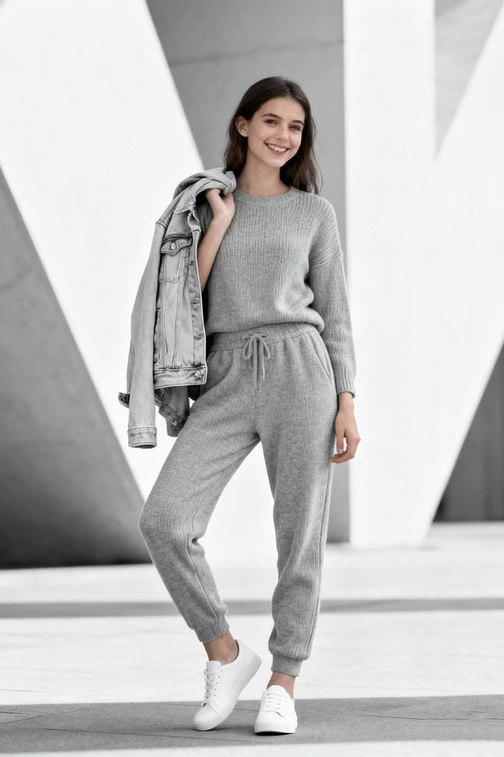 Model in matching gray knit set with white sneakers and denim jacket in modern urban setting