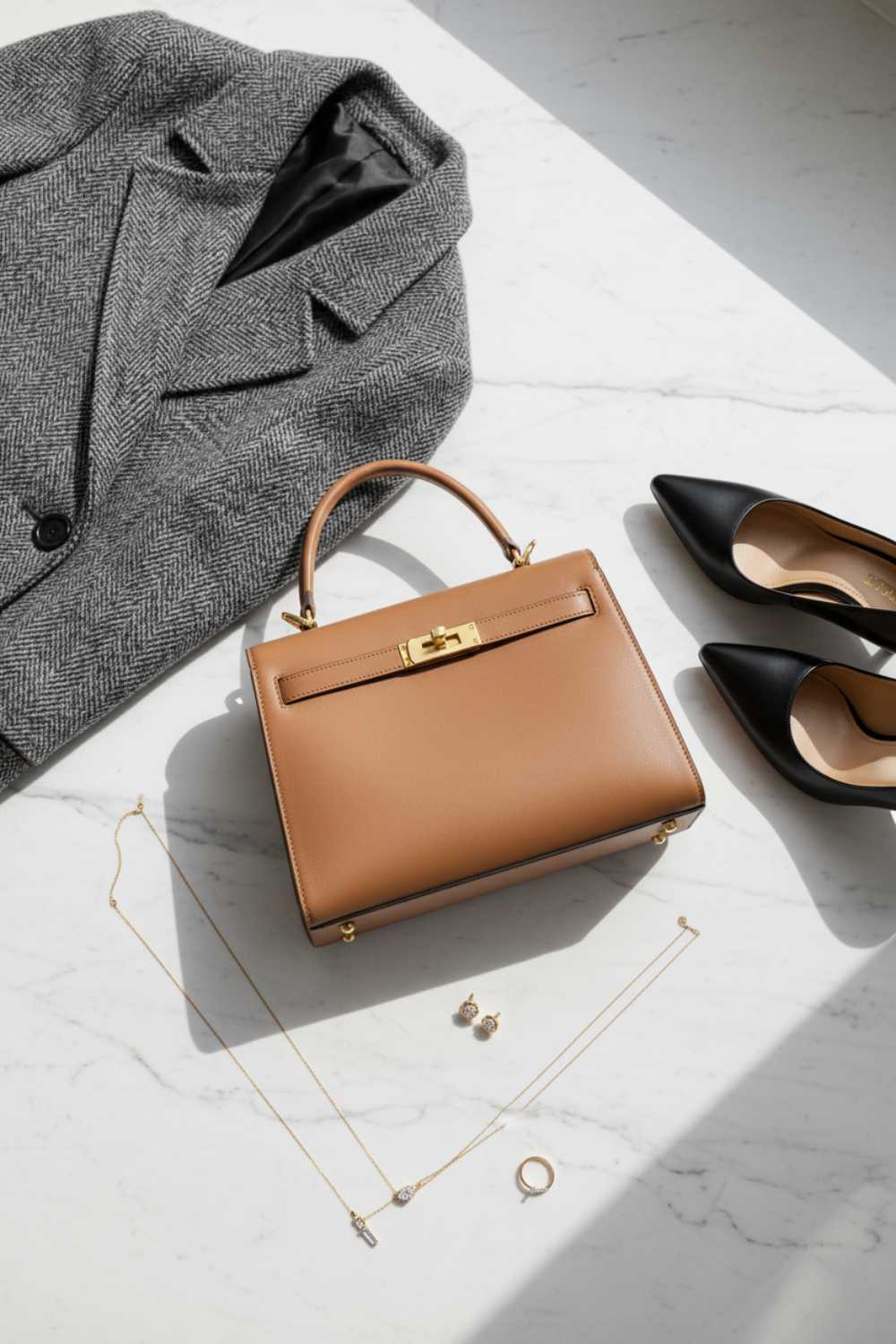 Quality fashion investment pieces including leather handbag, pumps, wool coat, and jewelry