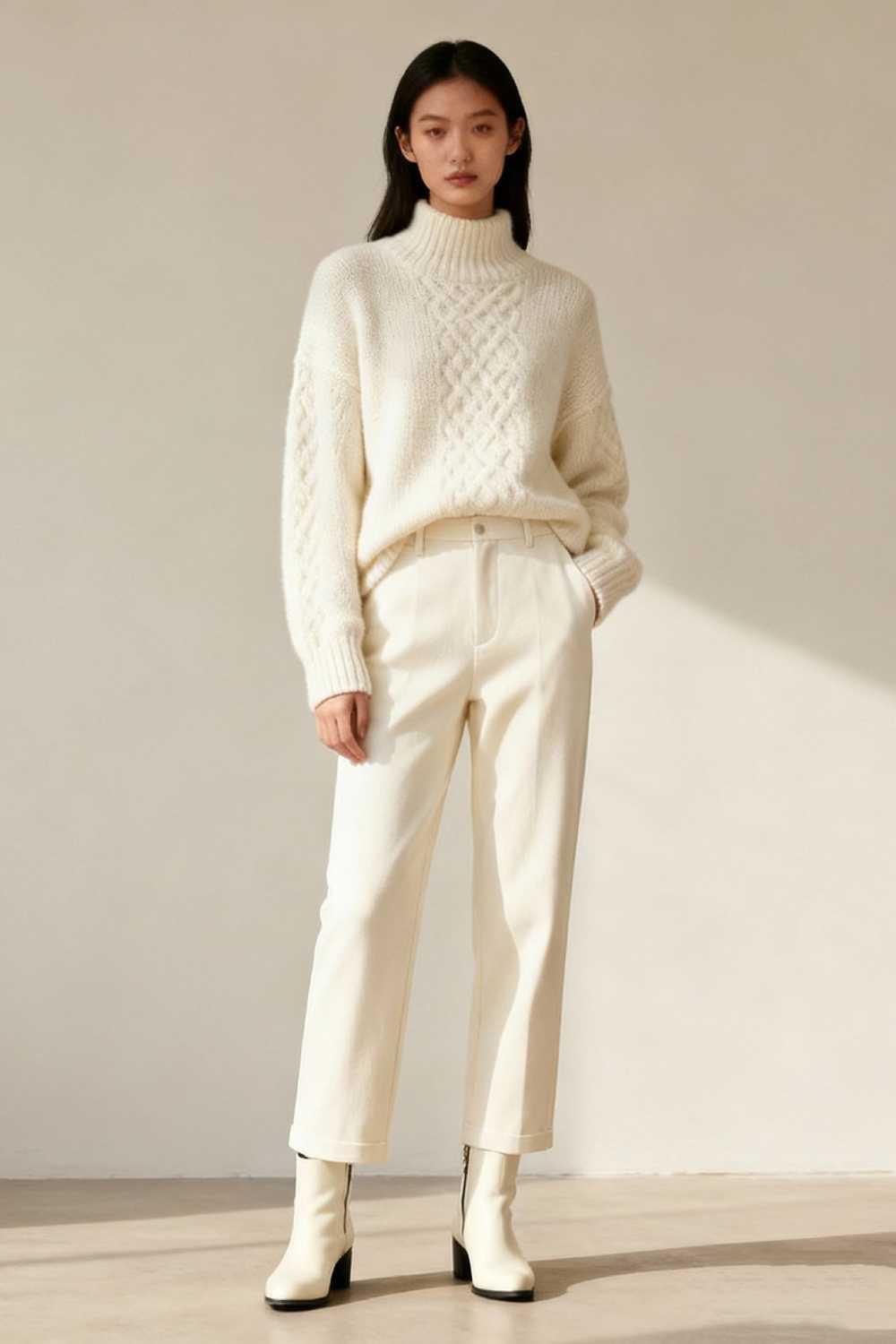 Woman in head-to-toe cream outfit demonstrating monochrome minimalist winter styling