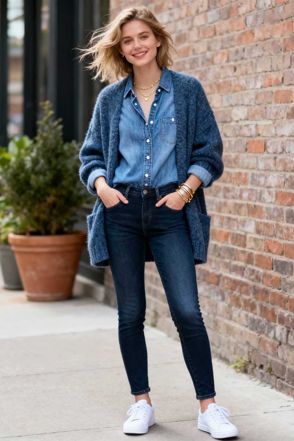 Woman in denim-on-denim outfit with cardigan and sneakers showing casual cool winter style