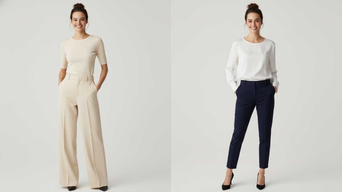 Two outfits demonstrating proper proportion balance with fitted and loose clothing combinations