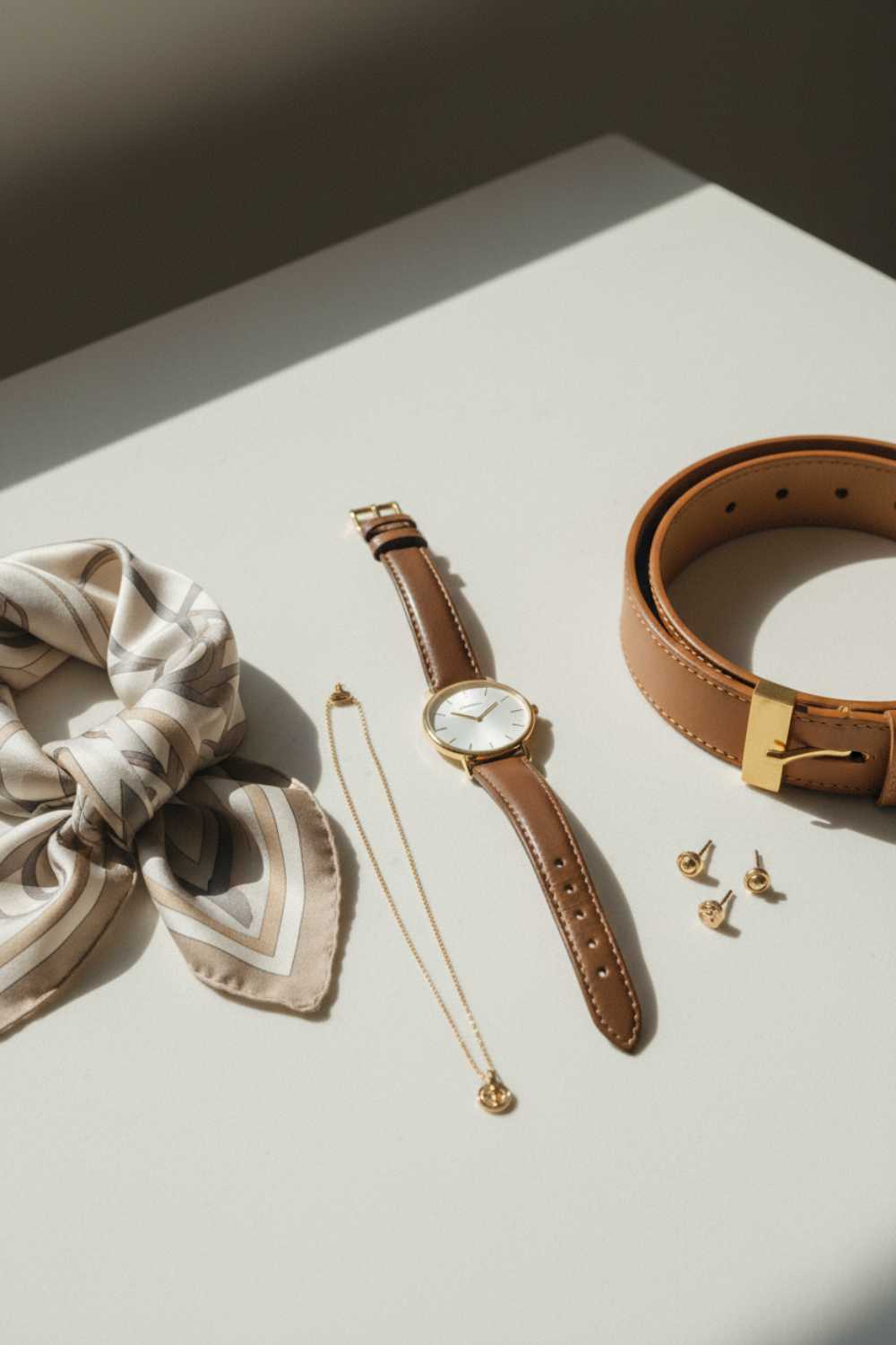 Collection of classic accessories including gold watch, silk scarf, leather belt, and minimal jewelry