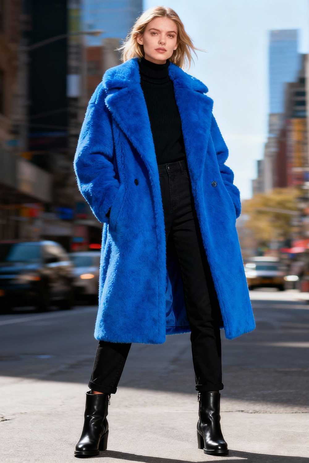 Woman in bright blue statement coat over black outfit demonstrating bold winter outerwear style