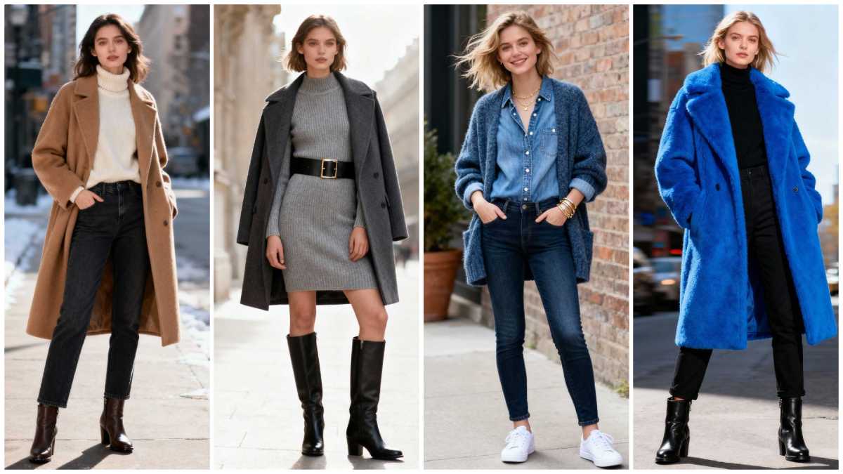 Collage showing different chic winter outfit ideas for women