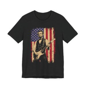 Patriotic Lincoln Playing Guitar against American Flag | 4th of July Independence Day T-Shirt