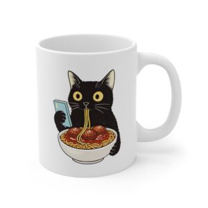 Funny Cat Eating Spaghetti and Meatballs Mug