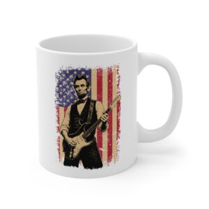 Patriotic Lincoln Playing Guitar against American Flag | 4th of July Independence Day Mug
