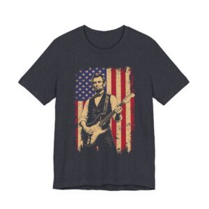 Patriotic Lincoln Playing Guitar against American Flag | 4th of July Independence Day T-Shirt