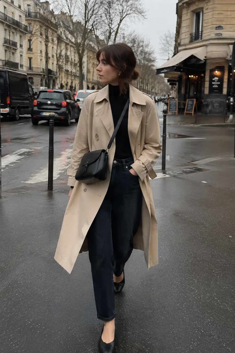Woman in beige trench coat over black turtleneck and dark denim jeans with ballet flats for timeless transitional weather outfit