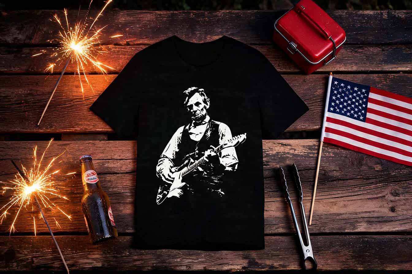 Abraham Lincoln Playing Guitar | 4th of July Independence Day T-Shirt Banner
