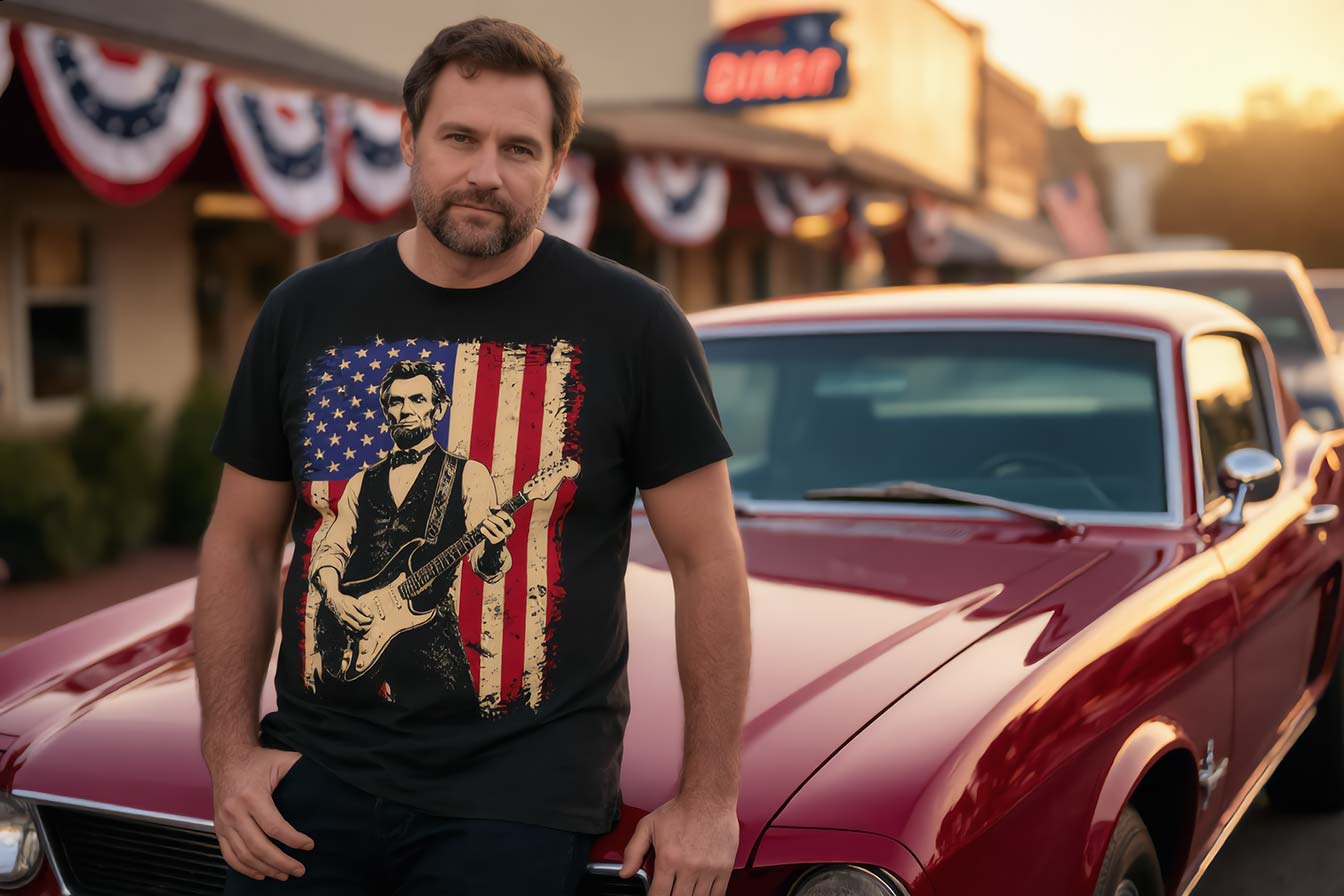 Patriotic Lincoln Playing Guitar against American Flag | 4th of July Independence Day T-Shirt Banner