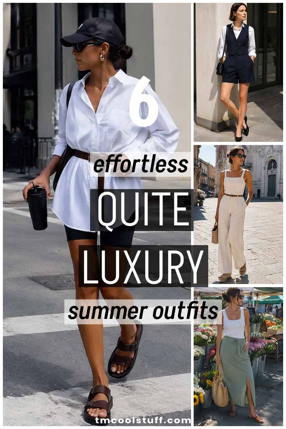 Pinterest graphic showing summer quiet luxury outfit formulas for effortless warm weather style