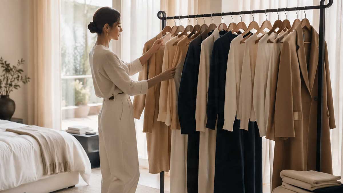 Woman organizing a minimalist quiet luxury capsule wardrobe featuring neutral high-quality clothing pieces in a sunlit modern bedroom