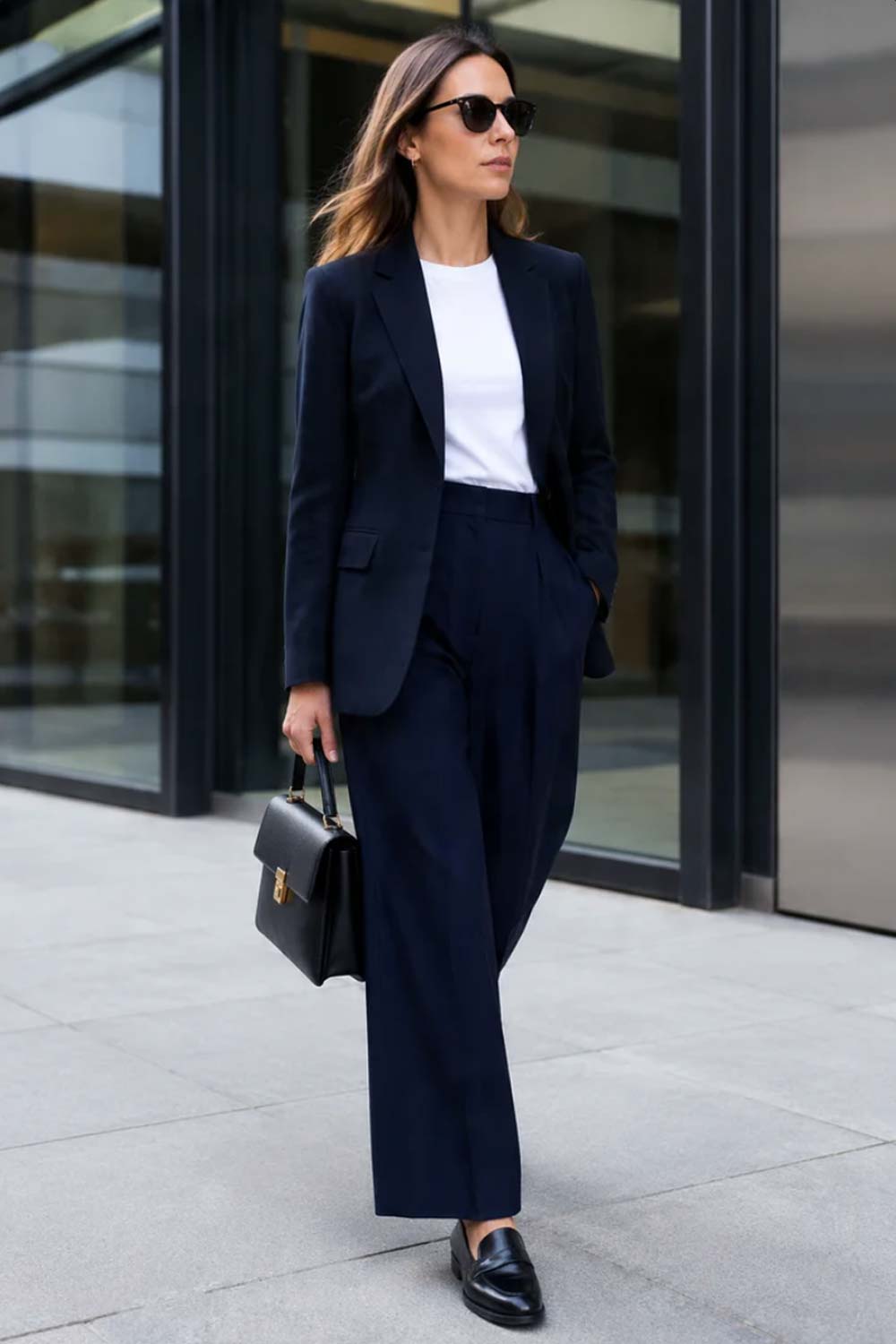 Woman wearing a tailored navy blazer, white cotton t-shirt, matching wide-leg trousers, and black loafers for a sophisticated quiet luxury office outfit