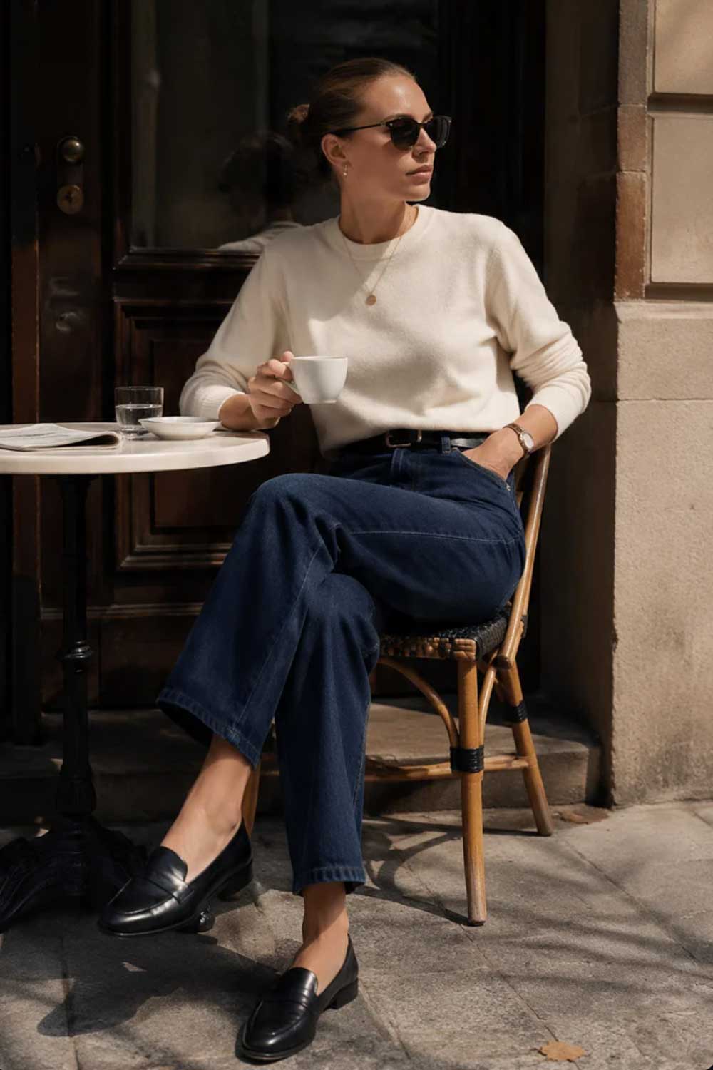 Woman in a cream cashmere crewneck sweater, dark-wash straight-leg jeans, and black leather loafers relaxing outside a cafe for an elevated casual outfit
