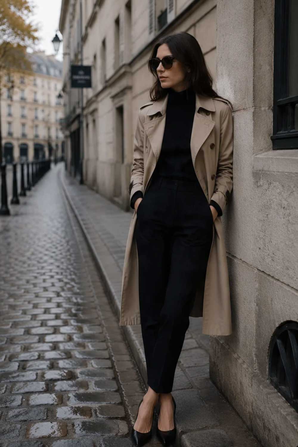 Woman in a classic beige trench coat over a black turtleneck and black cigarette pants with black pumps and sunglasses for a chic transitional weather outfit