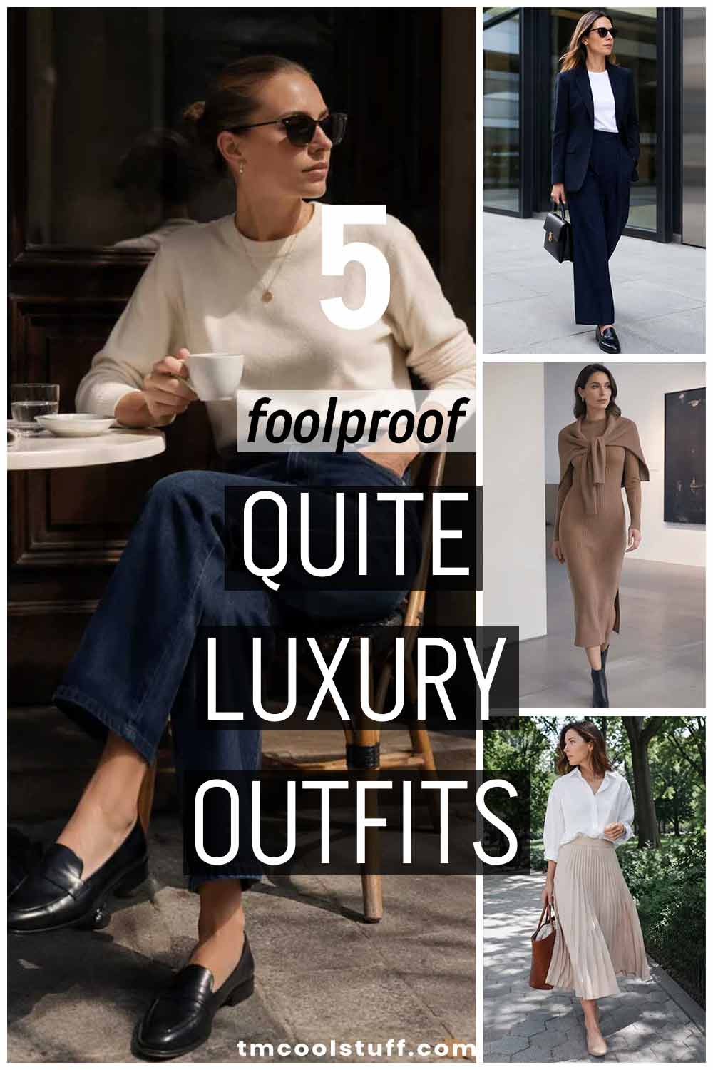 Pinterest graphic showing quiet luxury capsule wardrobe outfit formulas