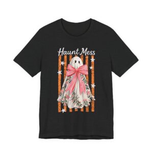 Haunt Mess Ghost Tee | Cute Floral Ghost Halloween Preppy Striped T‑Shirt