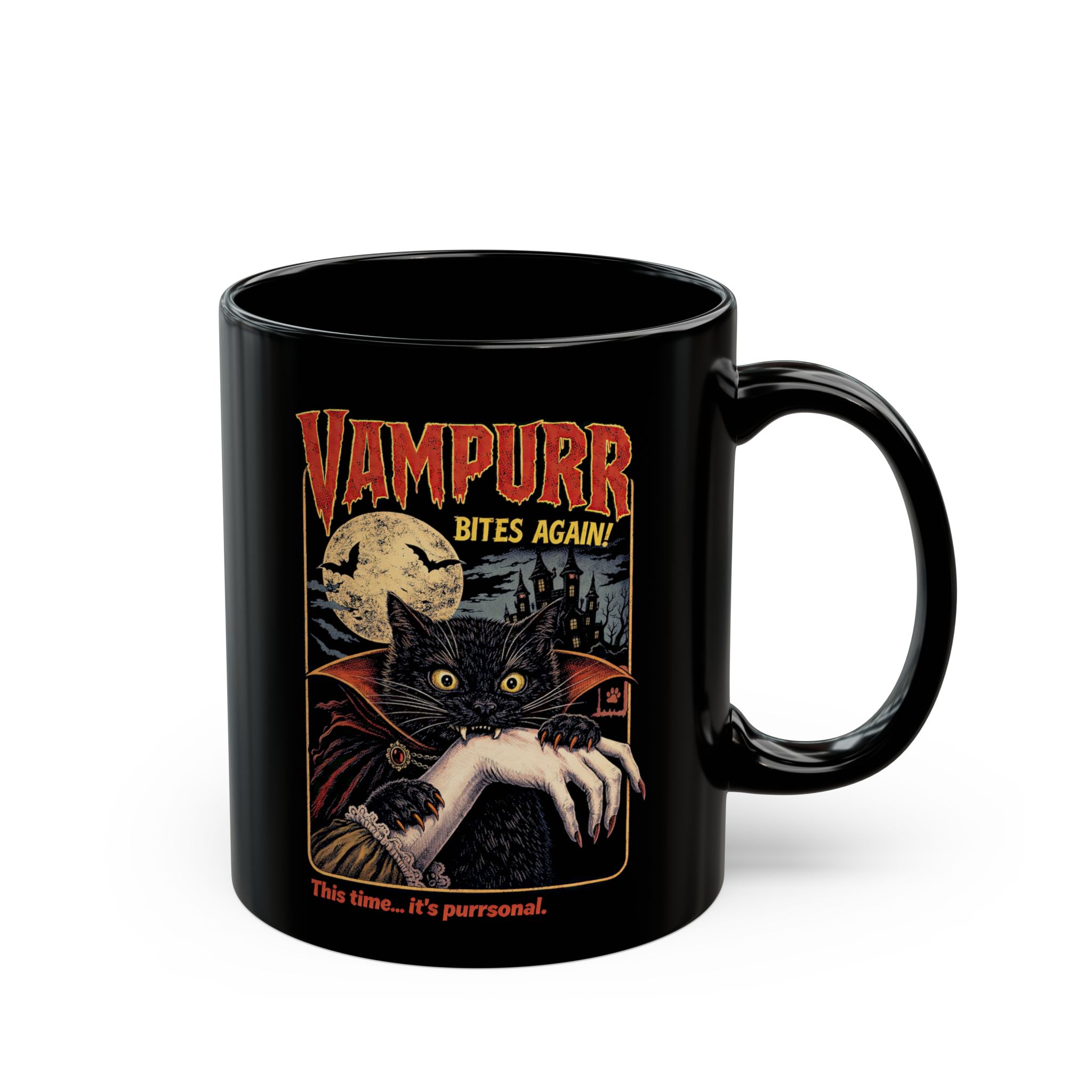 Funny Vampurr Vampire Cat Mug | Retro Pun, Horror Fan Gift #HW27